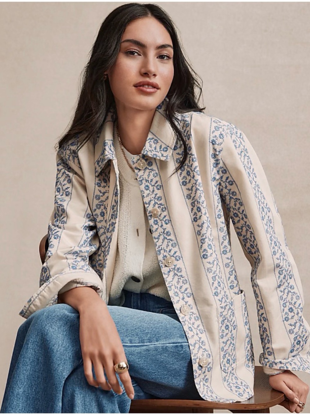 Loft Women’s Cream & Blue Patterned/Floral Chore Jacket NWT - Picture 4 of 8